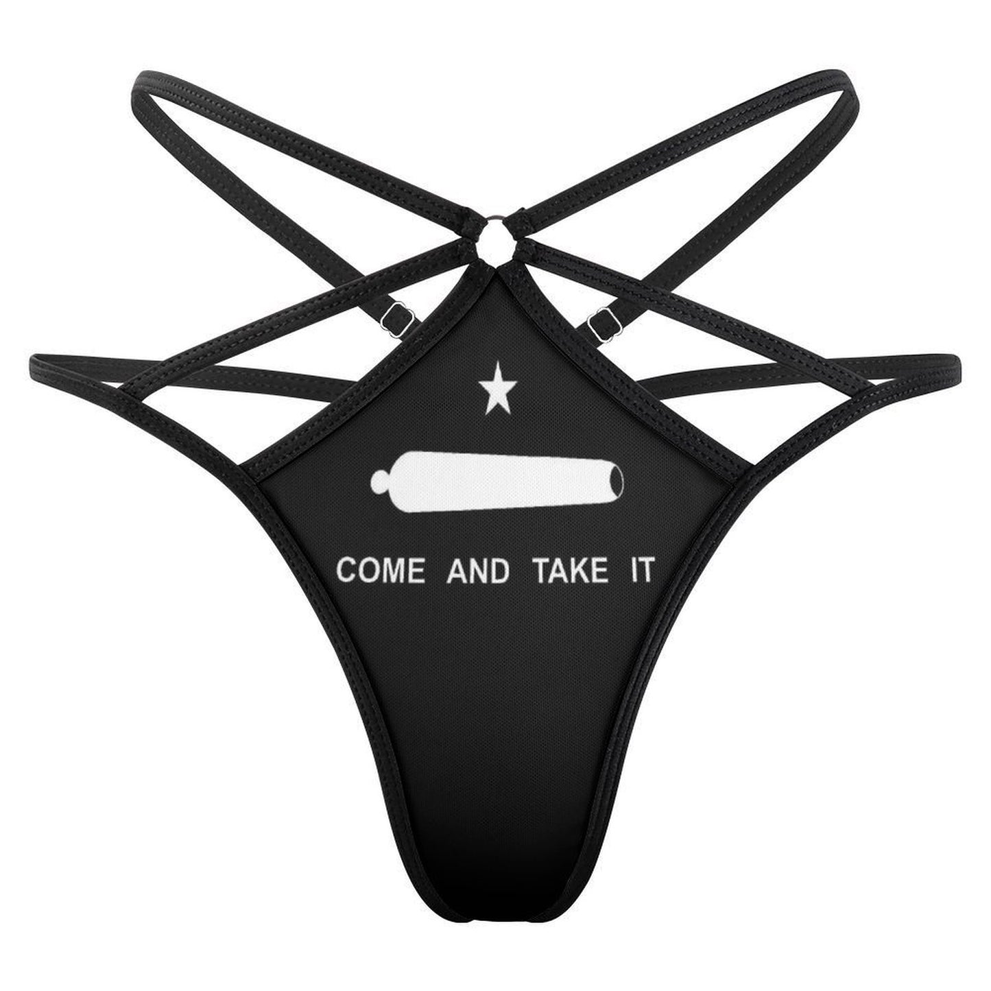 [Brand] strappy black bikini bottom featuring bold white slogan.