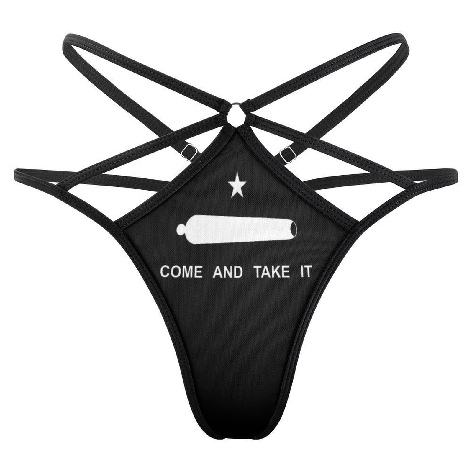 [Brand] strappy black bikini bottom featuring bold white slogan.