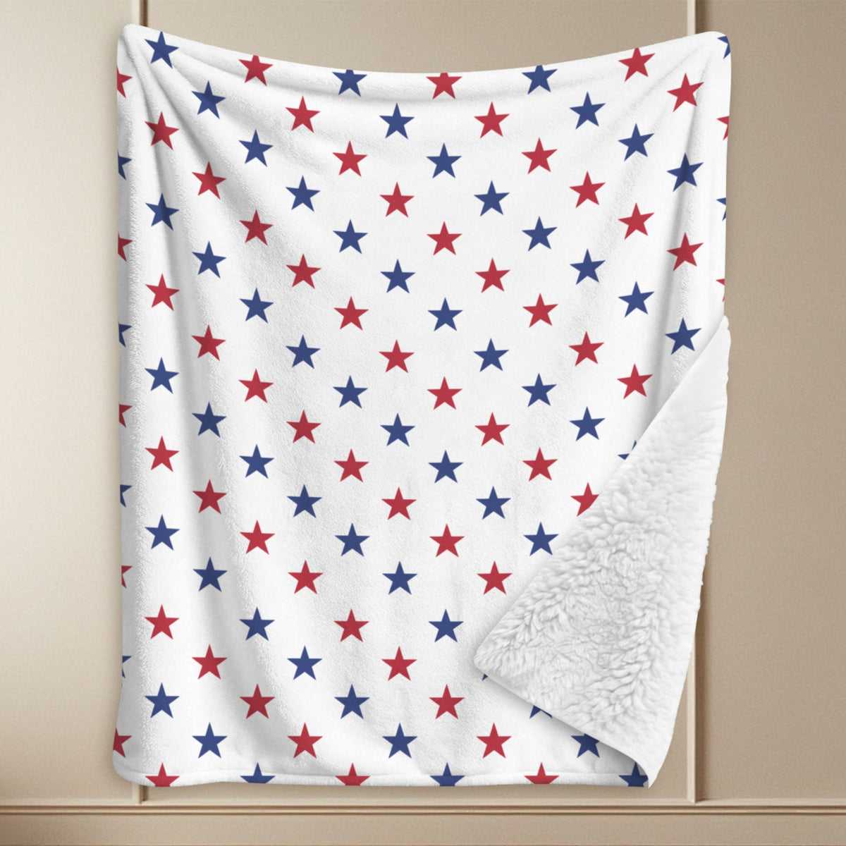 USA/American Flag Inspired Red and Blue Stars on White Sherpa Fleece Blanket 90" x 108" | Prtinted in the USA