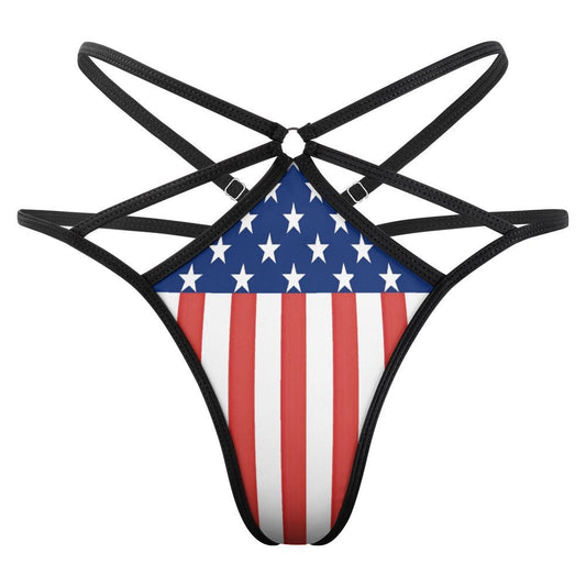 [Brand] thong with American flag design and black straps.
