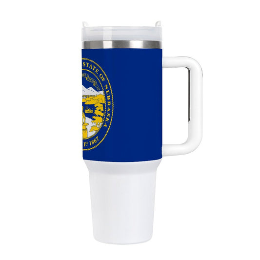 [Brand] travel mug with Nebraska state seal, blue design.