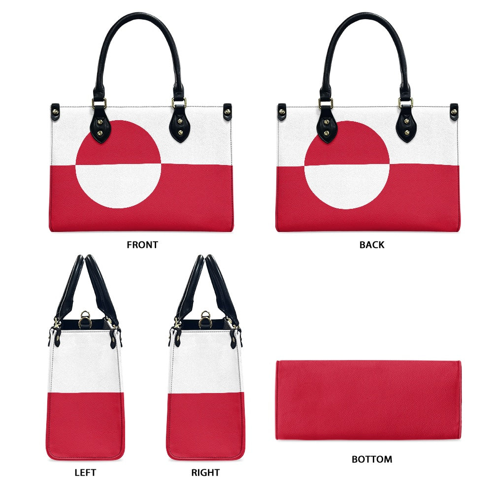 [Brand] handbag featuring bold red and white design elements.