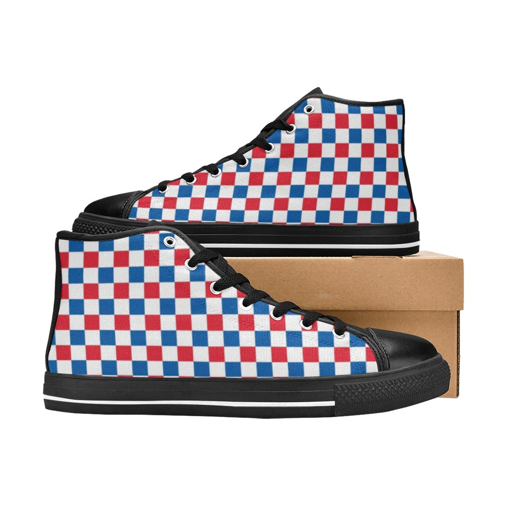 USA/American Flag Inspired Checkered Pattern Kid's High Top Canvas Shoes