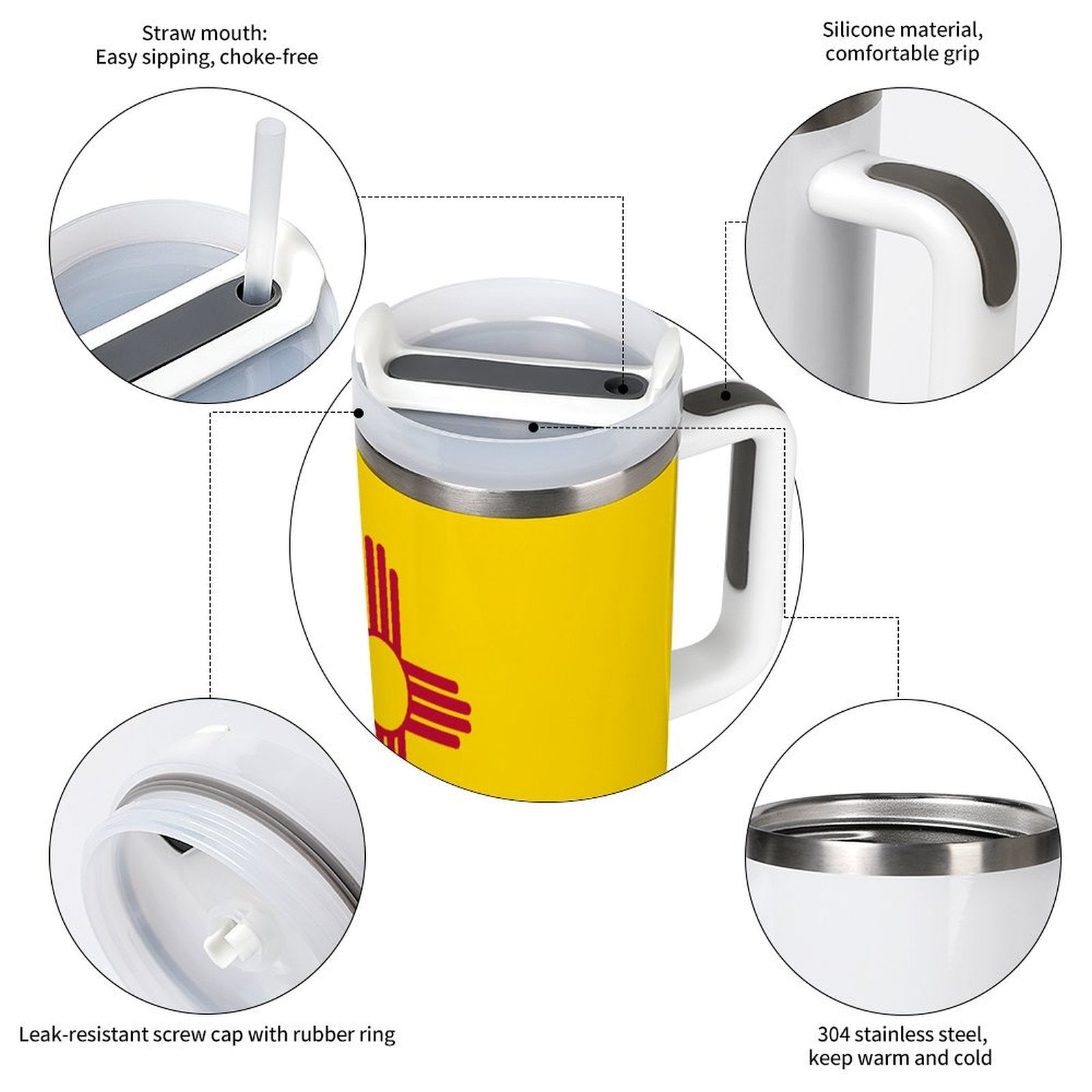 [Brand] yellow mug with straw, silicone grip, stainless steel.