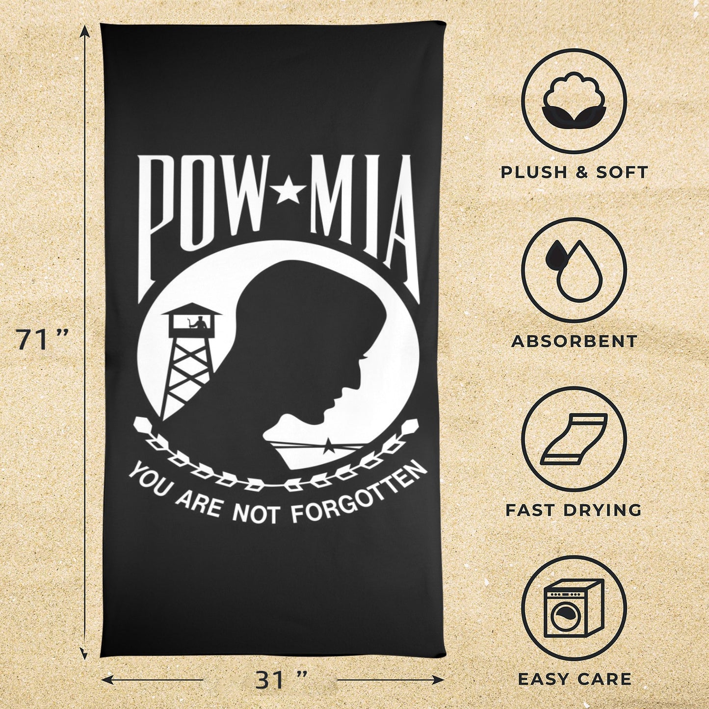 POW/MIA Flag Inspired Beach Towel 31"x71" (Made in the USA)