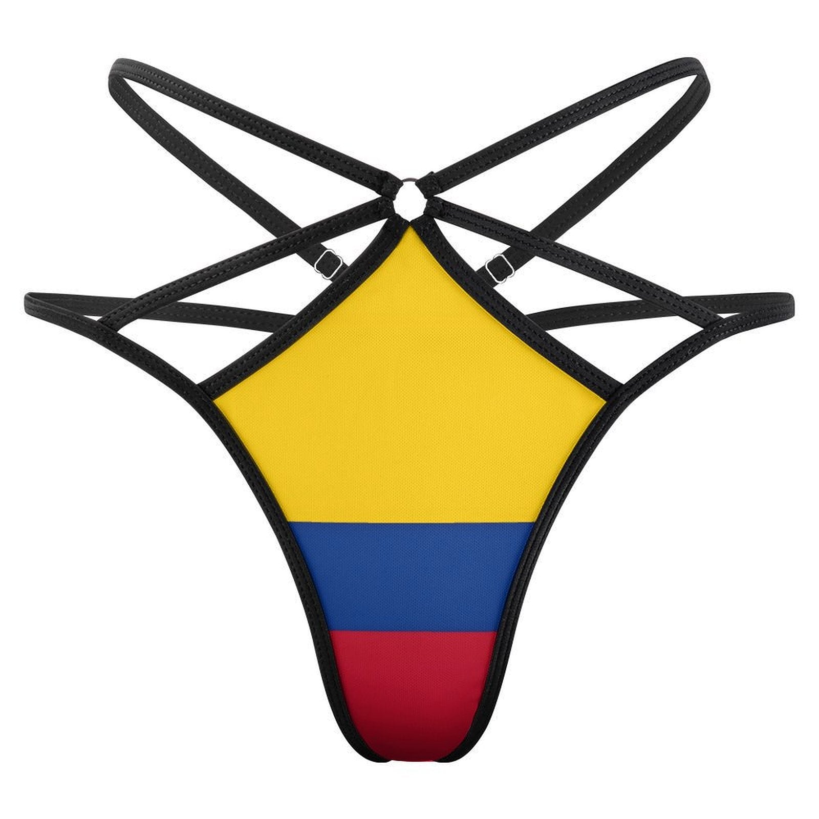 [Brand] strappy bikini bottom in Colombian flag colors design.