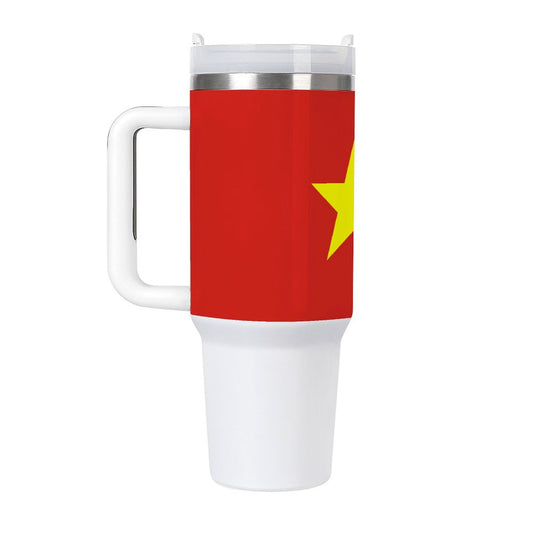 [Brand] travel mug featuring red design with yellow star.