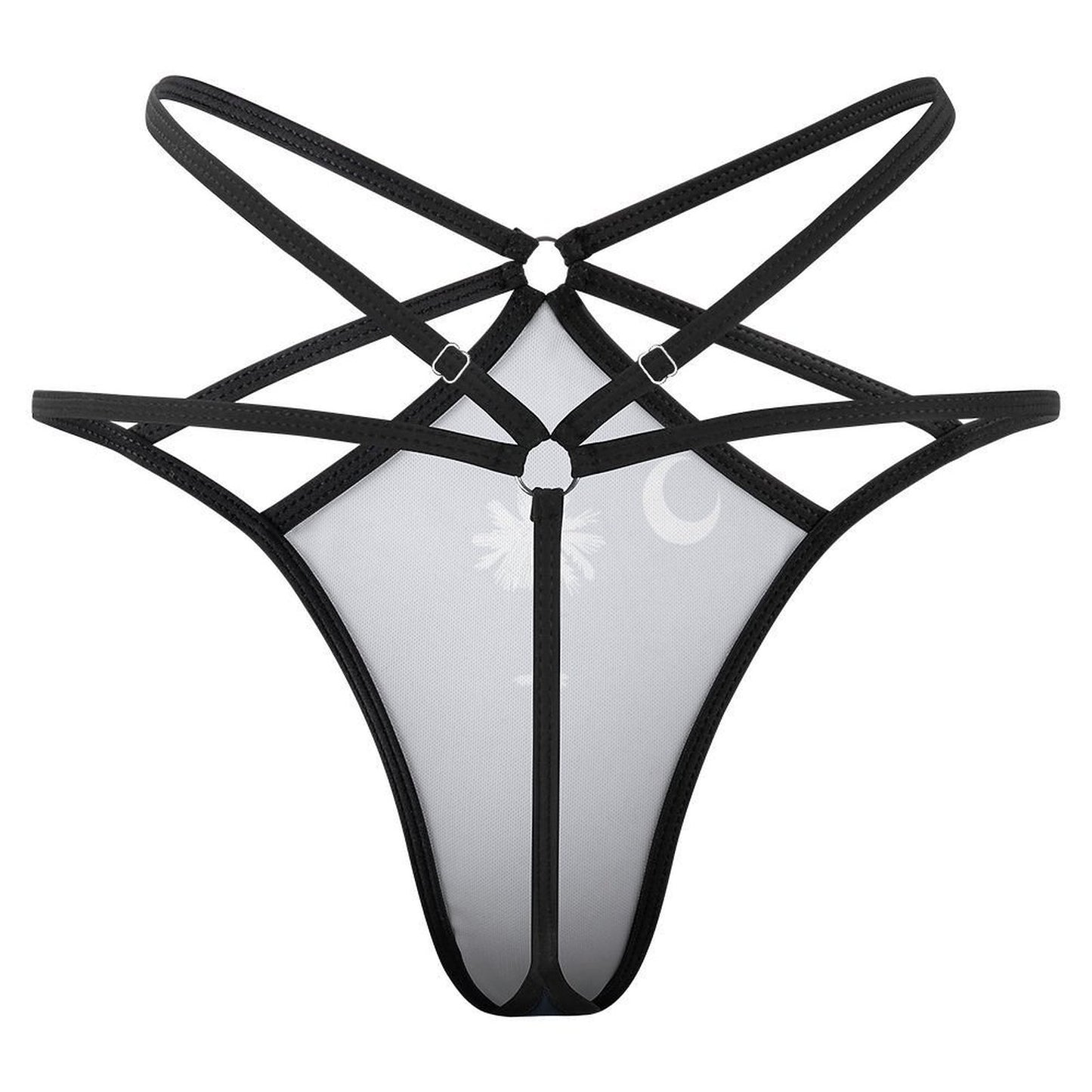 [Brand] strappy black lingerie piece with mesh detailing, intricate design.