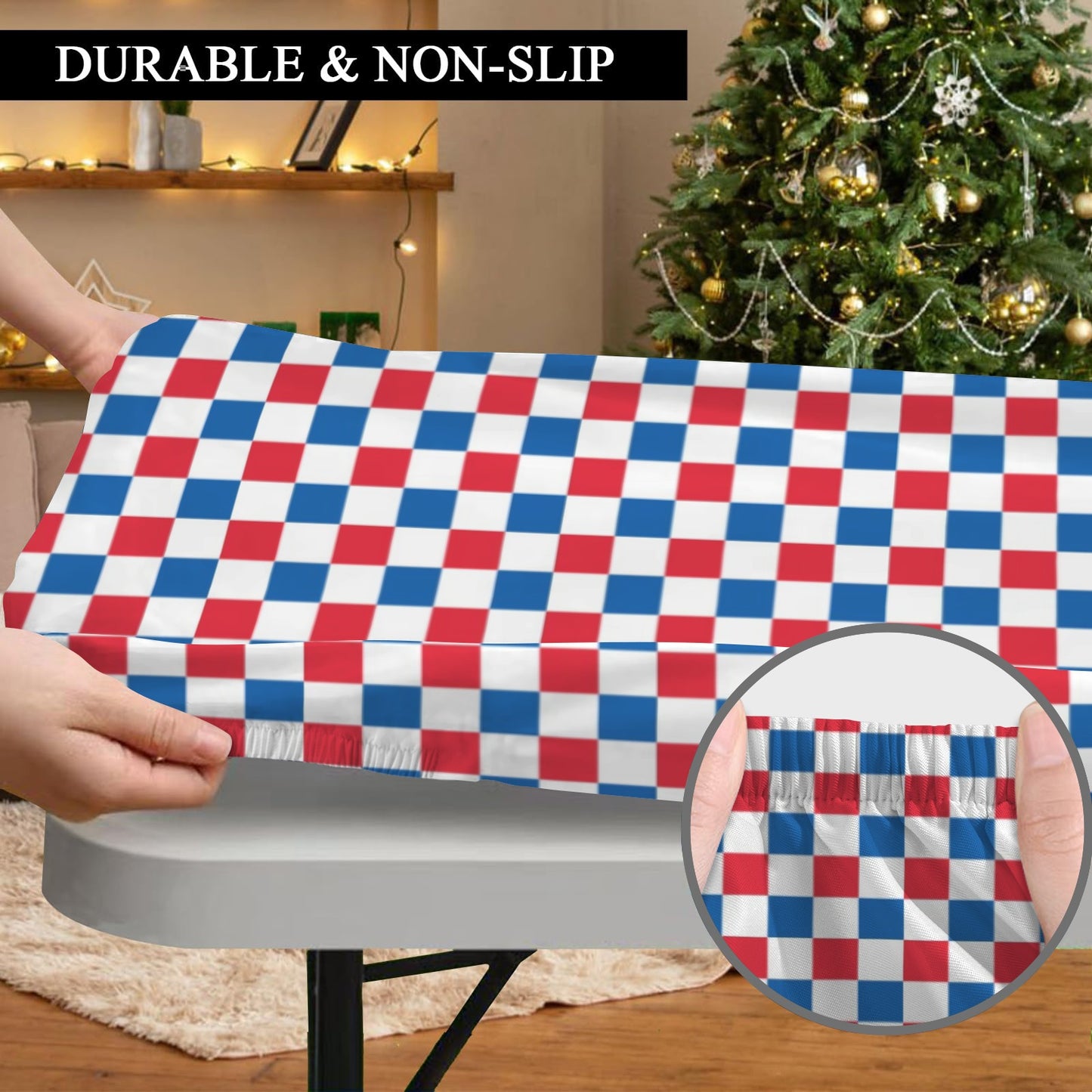 USA/American Flag Inspired Checkered Pattern Custom Elastic Fitted Tablecloth 72x30 inch (Made in the USA)