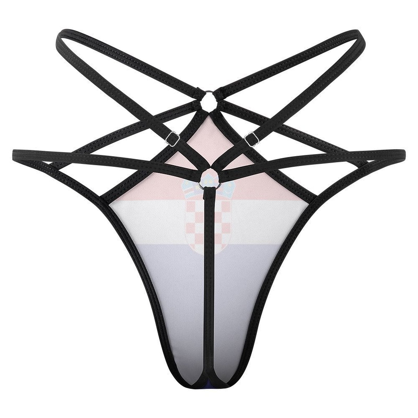 Brand swimsuit featuring intricate black straps and Croatian flag.
