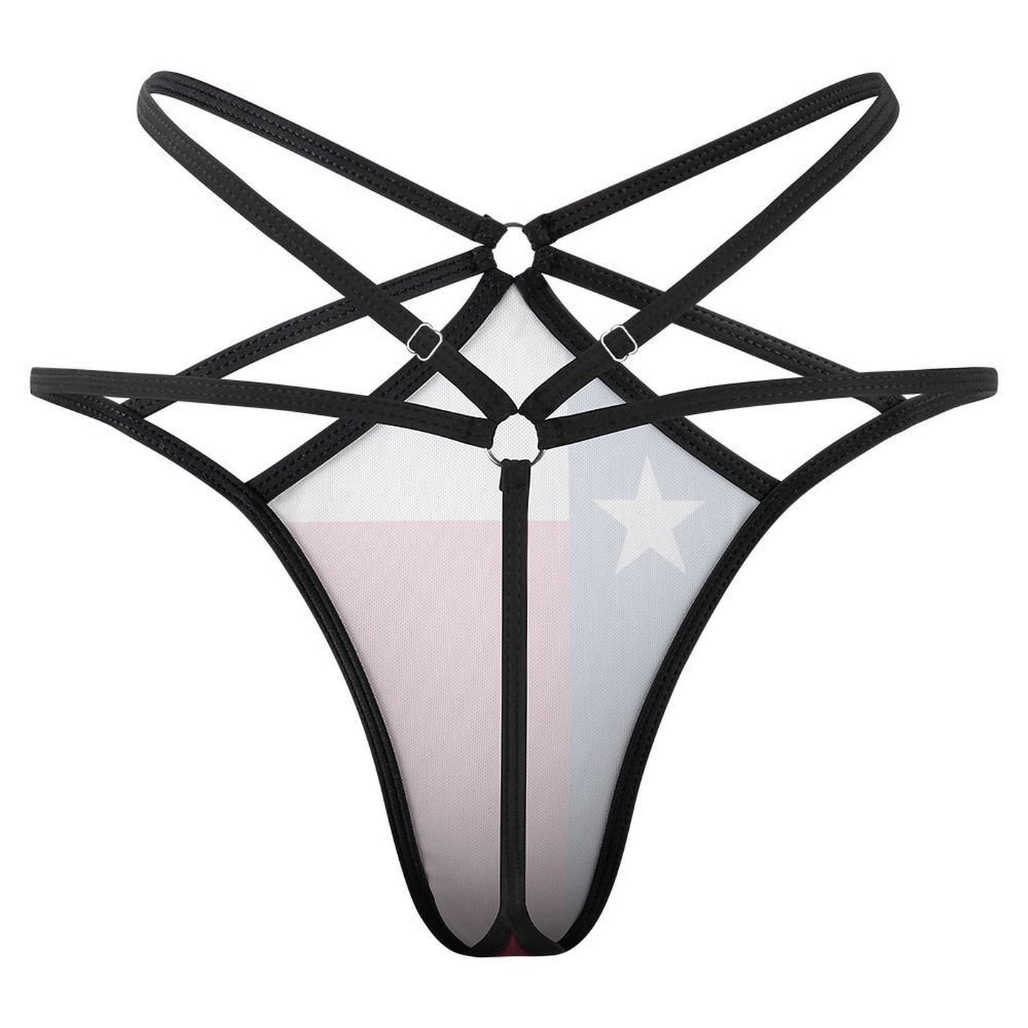 [Brand] black strappy harness lingerie with Texas flag design.