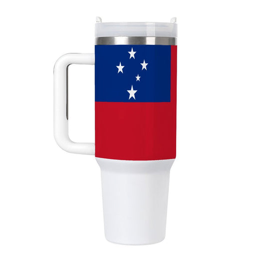 White travel mug featuring Samoa flag design, [Brand] logo.