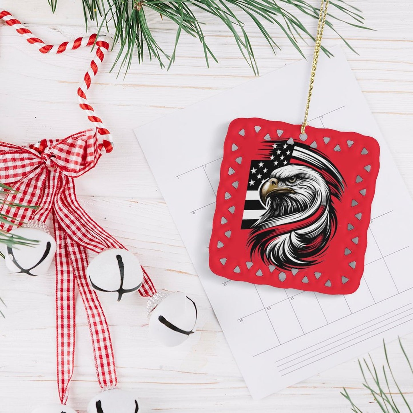 Thin Red Line Flag Inspired Eagle Square Ceramic Ornament Made in the USA