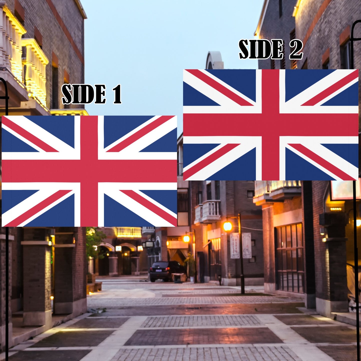 Urban street scene with two [Luv My Flag] banners.