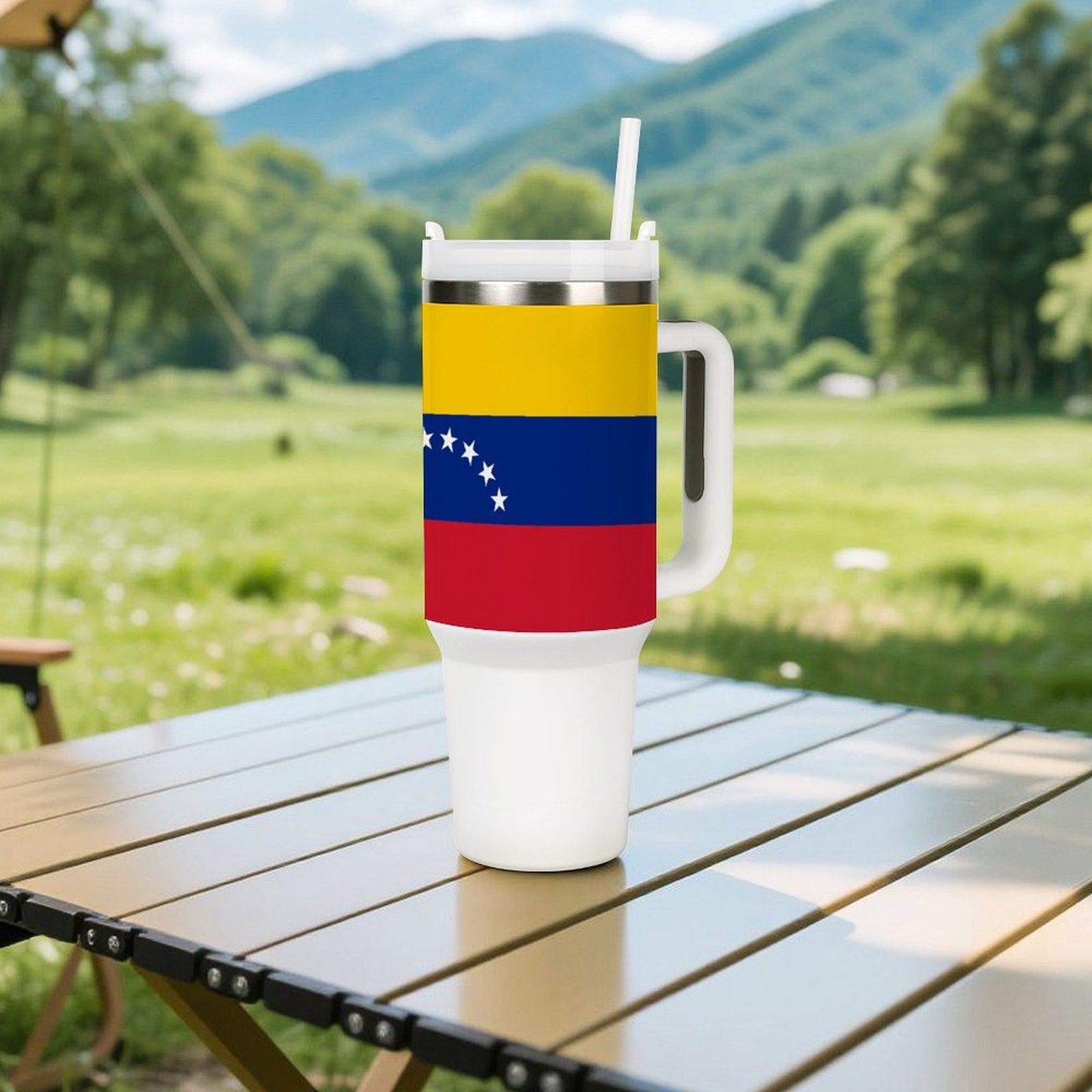 Outdoor setting with [Brand] mug featuring Venezuela flag design.