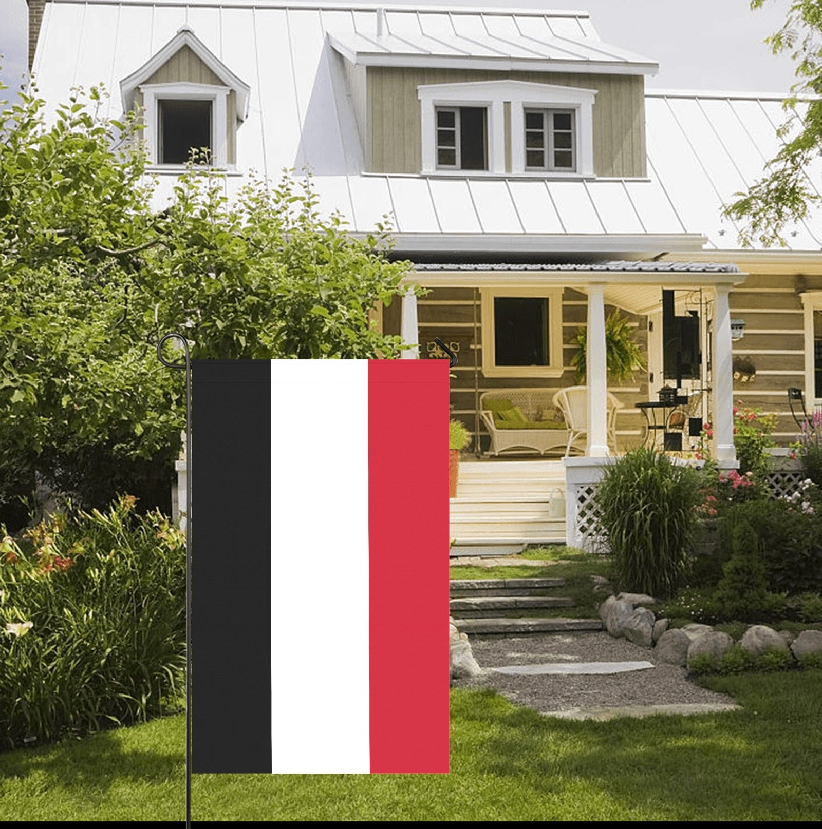 House porch with Luv My Flag, black-white-red design.