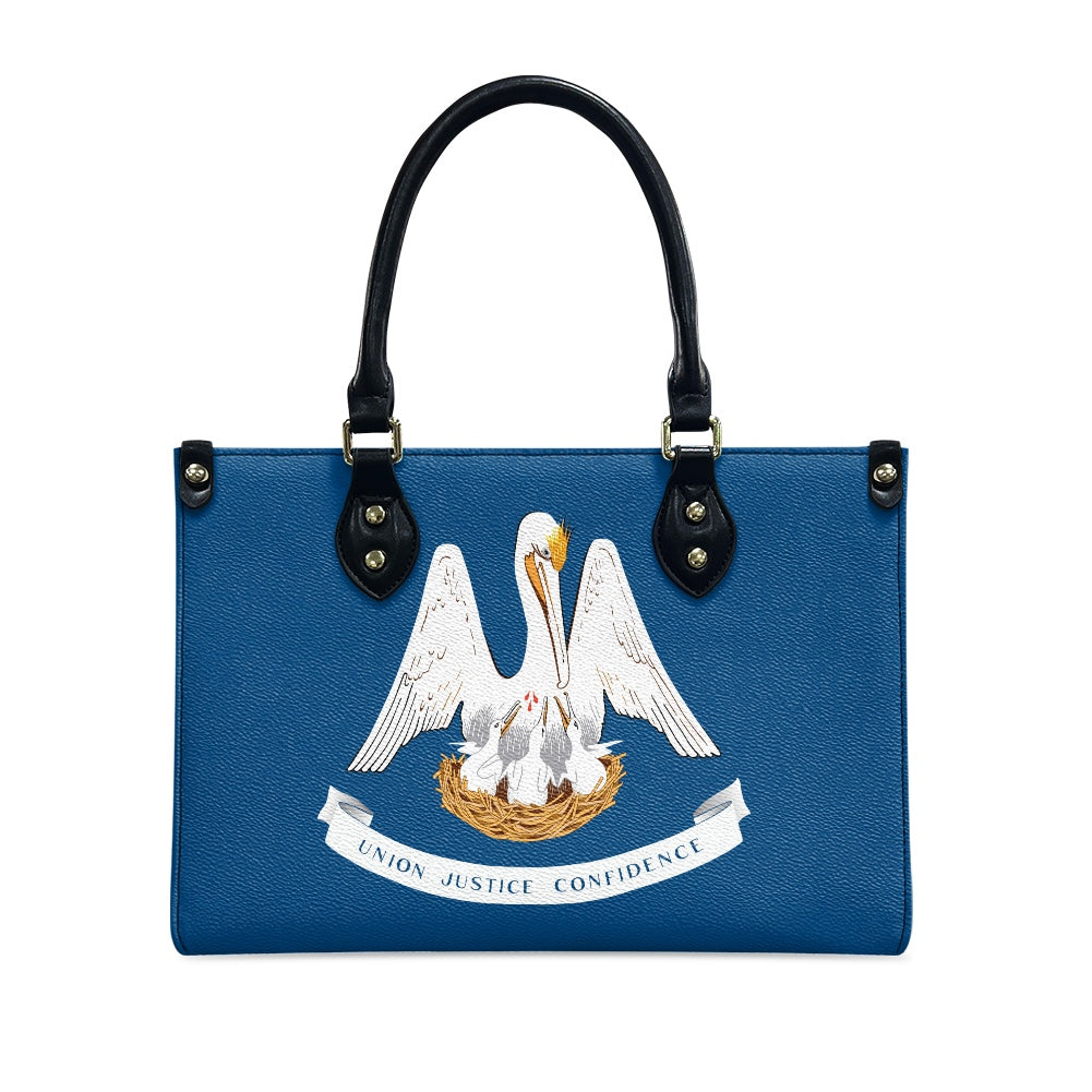 Blue handbag with pelican design and [Brand] logo displayed.