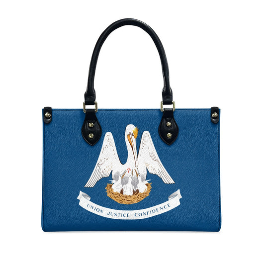 Blue handbag with pelican design and [Brand] logo displayed.