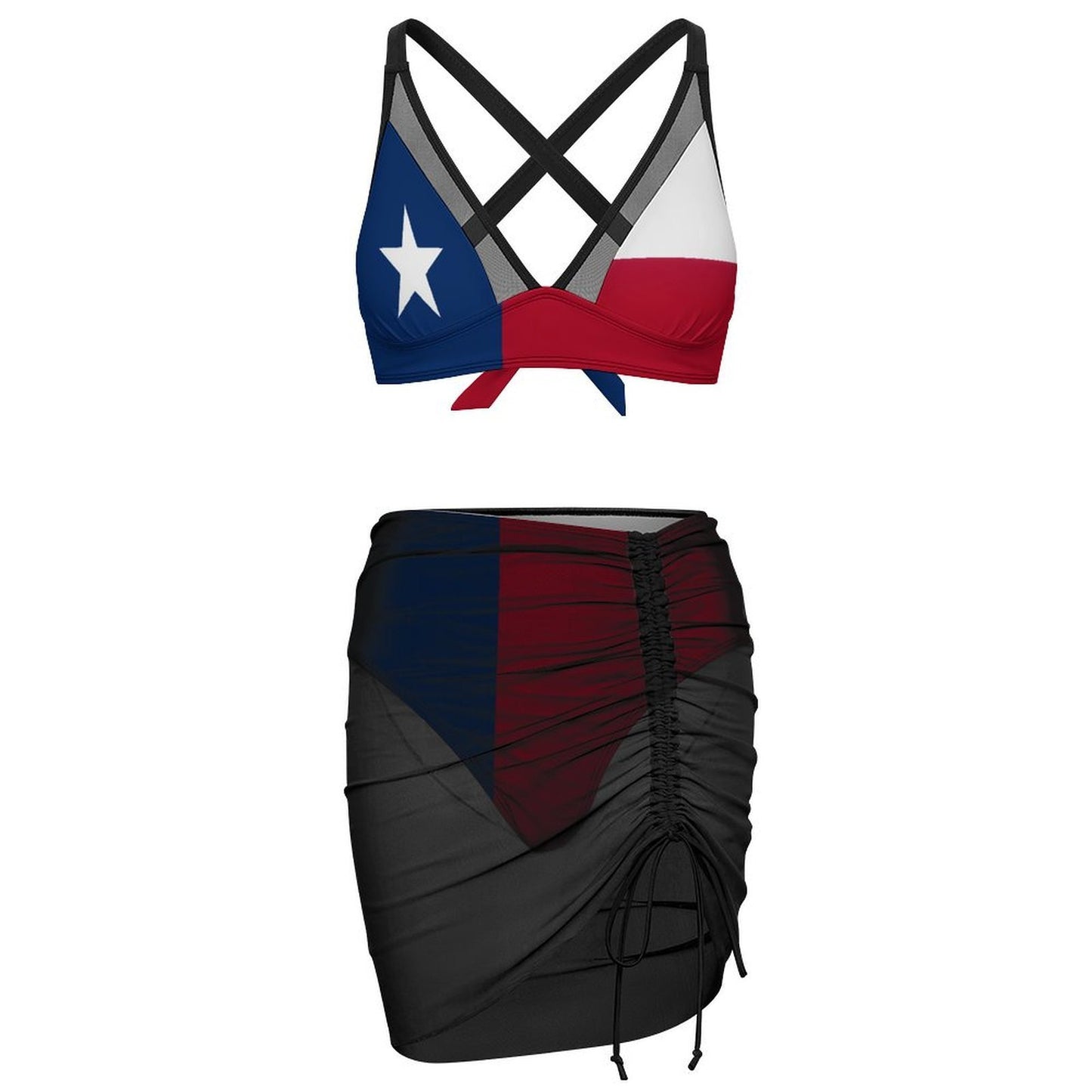 Texas Flag Inspired Women's Mesh Drawstring Skirt and Swimsuit Set