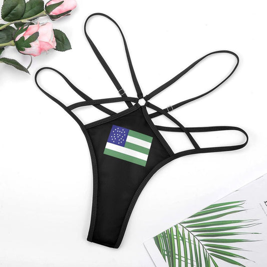 Black thong with geometric straps featuring [Brand] logo design.