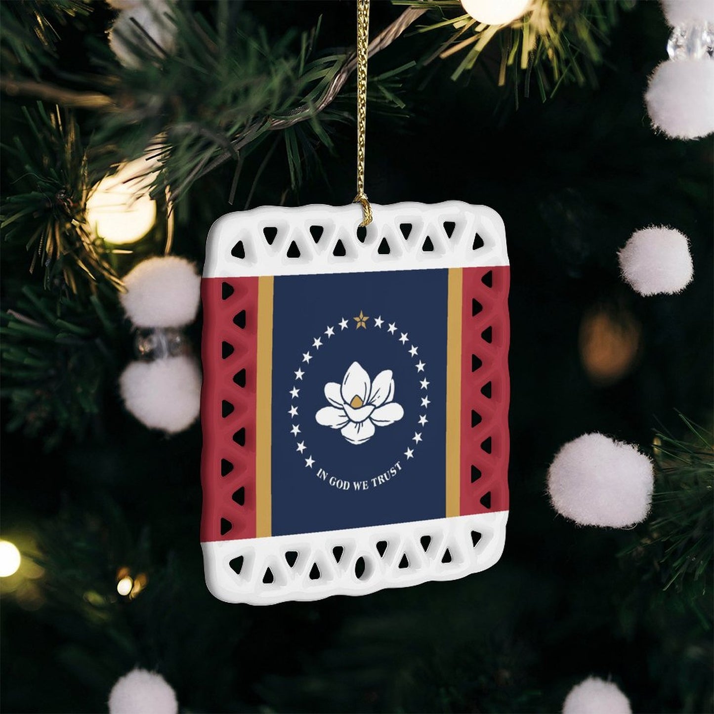 Mississippi Flag Inspired Square Ceramic Ornament Made in the USA