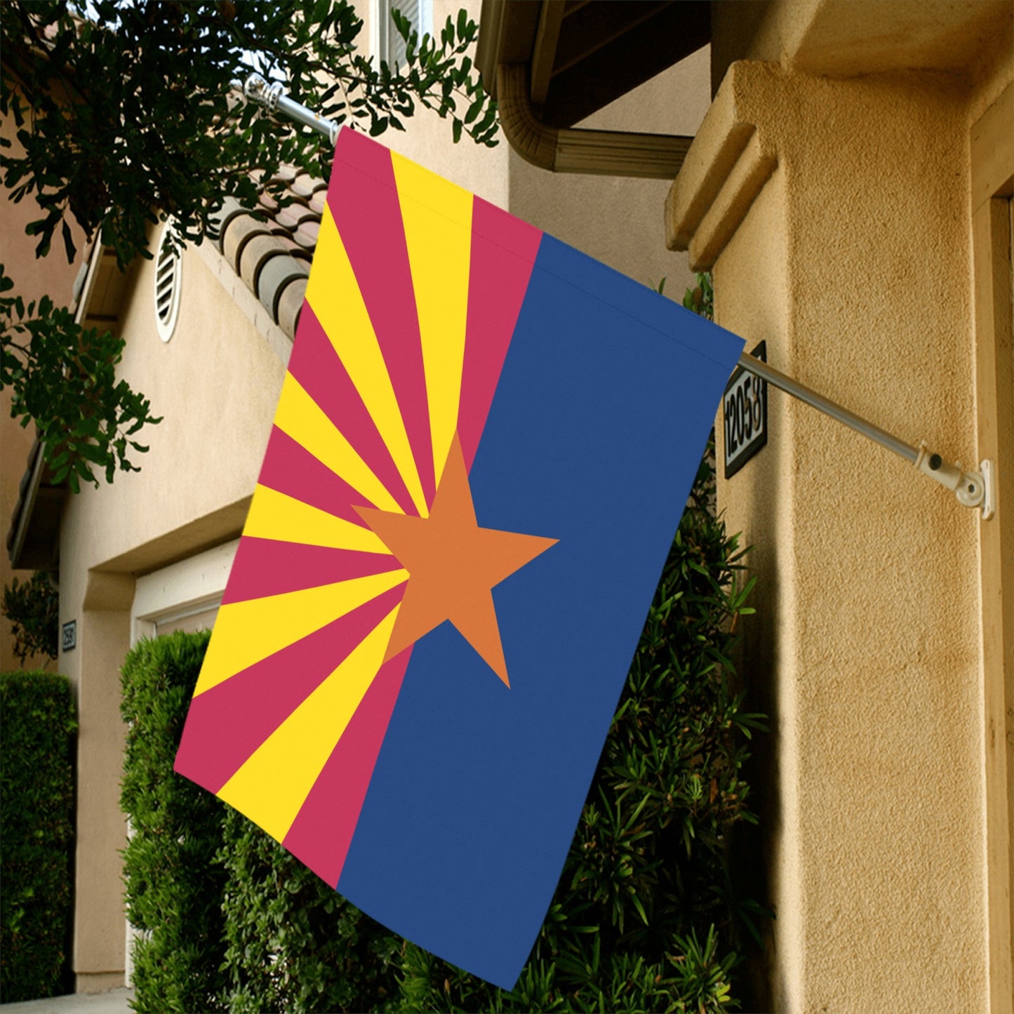 Flag of Arizona by Luv My Flag displayed outside house.