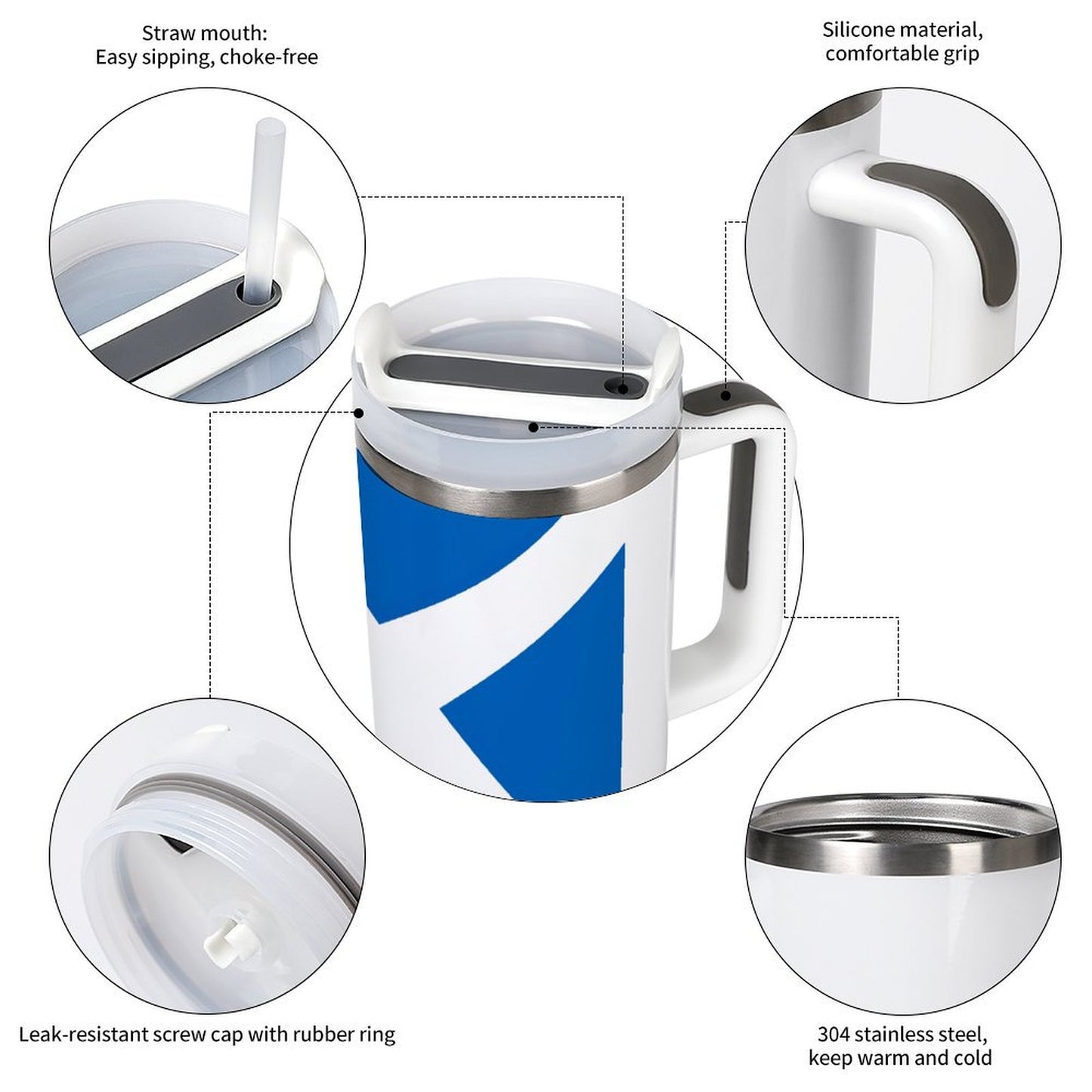 [Brand] insulated mug, silicone grip, straw mouth, stainless steel design.