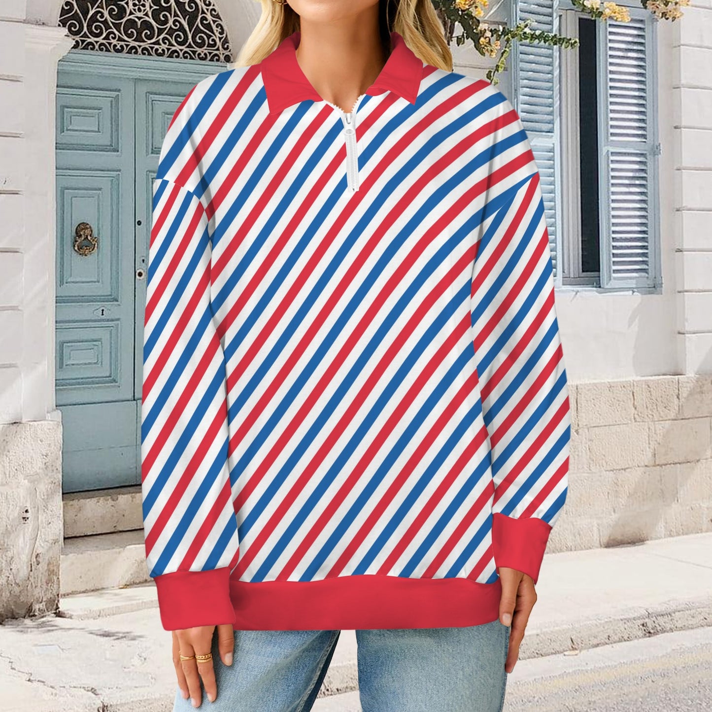 USA/American Flag Stripes Pattern Women's Quarter Zip Pullover Sweatshirt