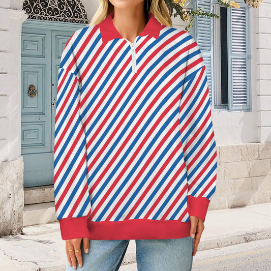 USA/American Flag Stripes Pattern Women's Quarter Zip Pullover Sweatshirt