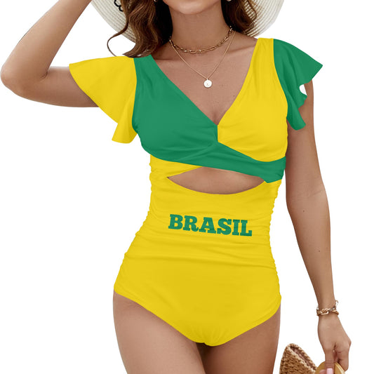 Brazil Flag Inspired Women's Twist Front Ruffle Sleeve Swimsuit