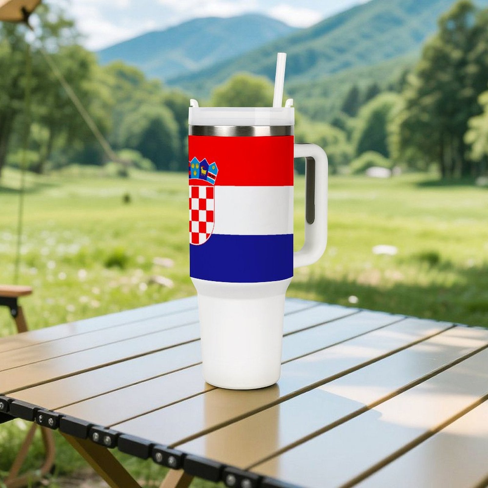 [Brand] travel mug with Croatian flag on outdoor table.