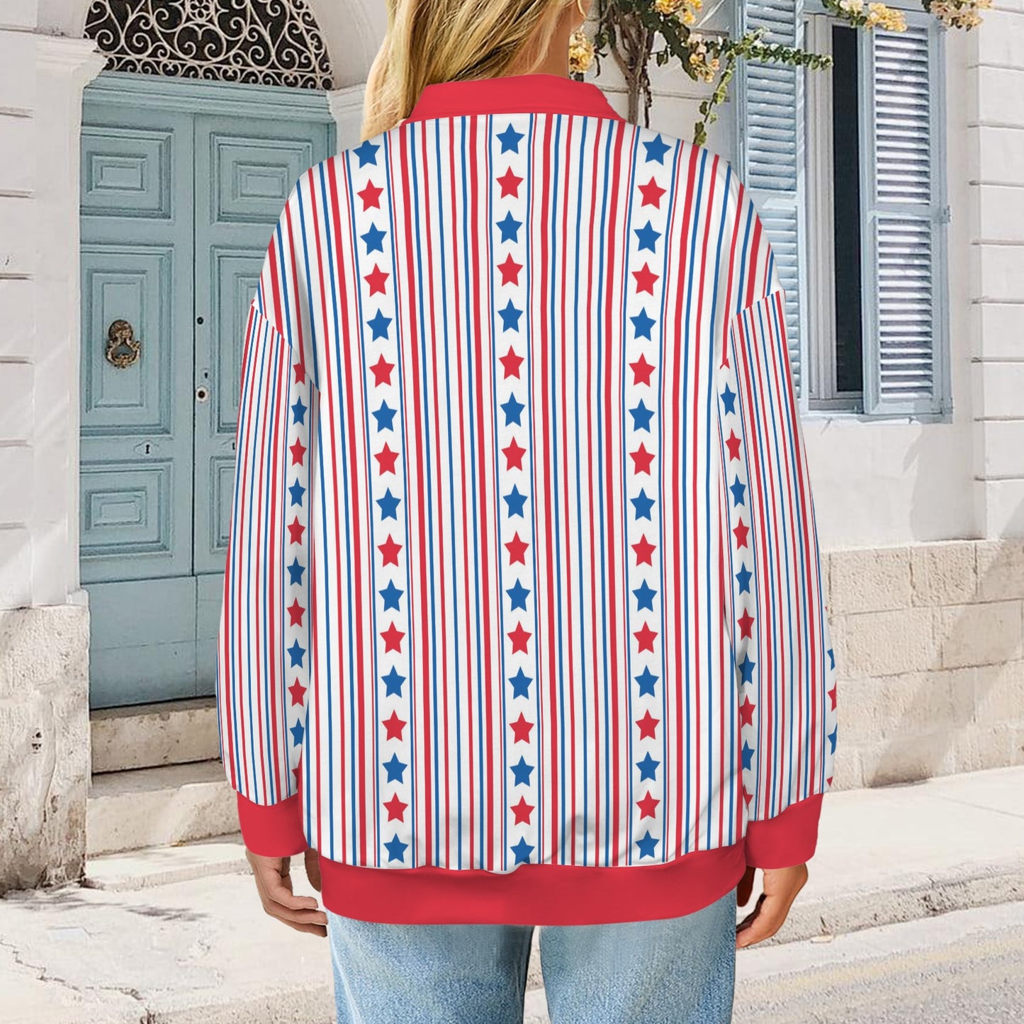USA/American Flag Stars and Stripes Pattern Women's Quarter Zip Pullover Sweatshirt