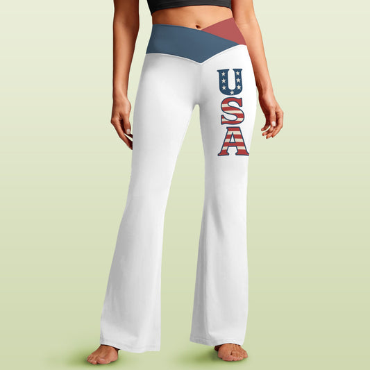USA/American Flag Inspired Women's V-Crossover High Waisted Flare Leggings