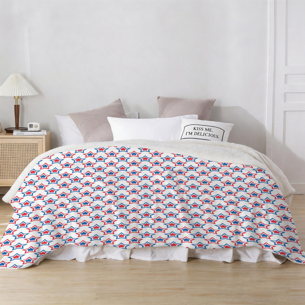 USA/American Flag Inspired Red, White & Blue Stars Pattern Sherpa Fleece Blanket 90" x 108" | Prtinted in the USA