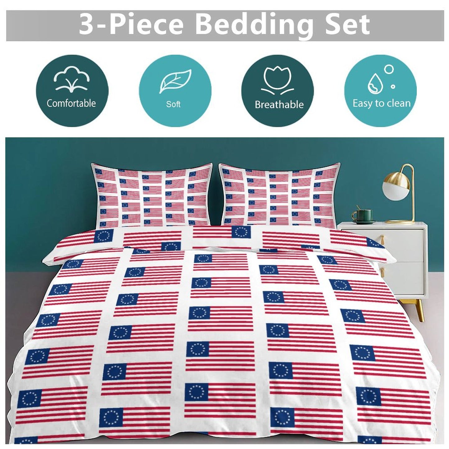 Betsy Ross Flag Inspired 3-Piece Bedding Set (1 Duvet Cover + 2 Pillow Shams) – 102"×90"