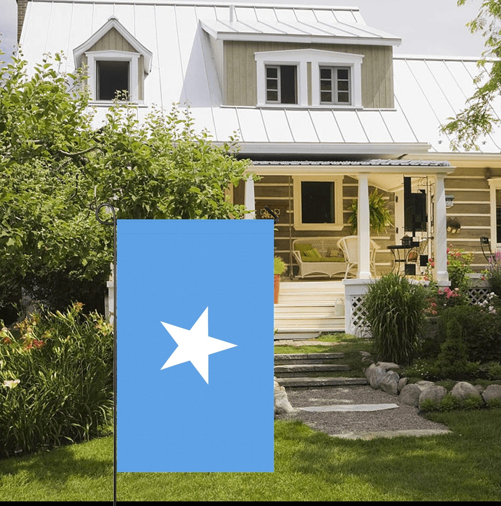 A vibrant garden flag by Luv My Flag in yard.