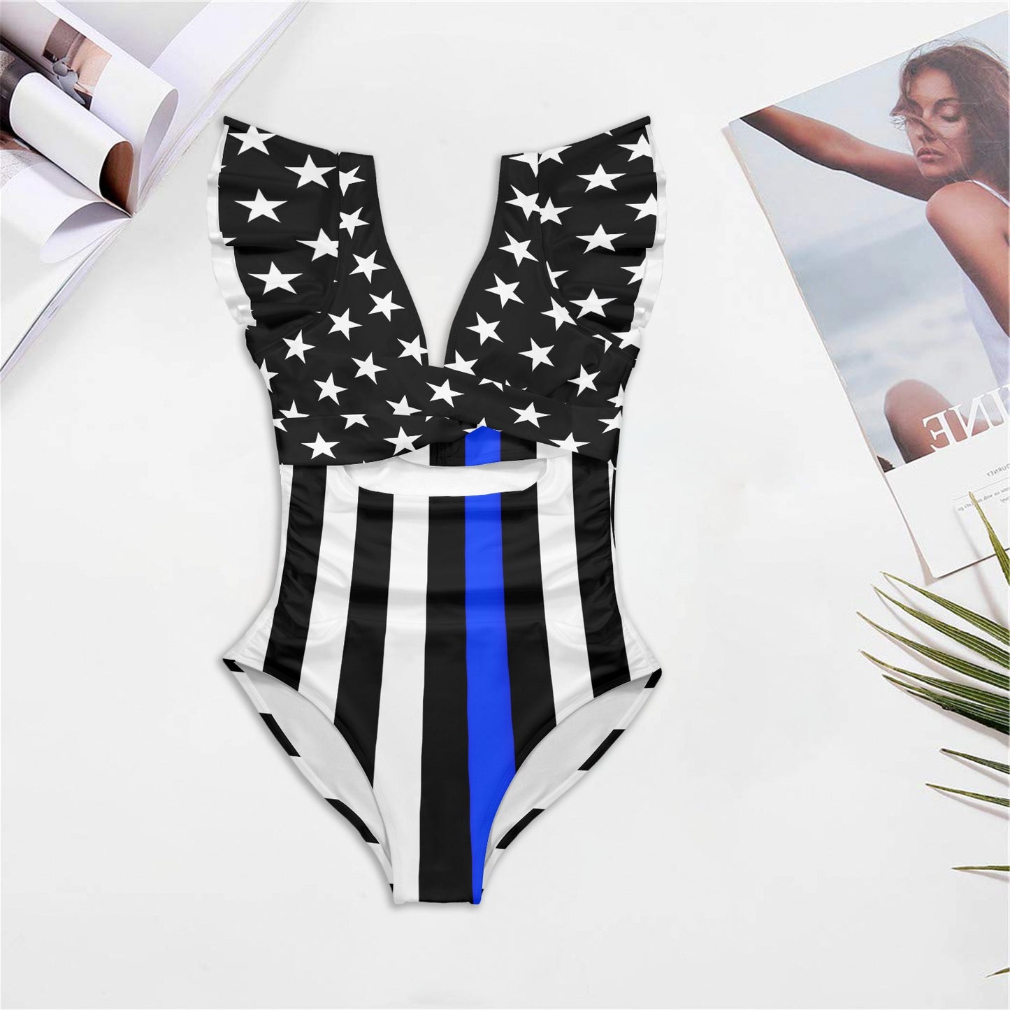 Thin Blue Line Flag Inspired Women's Twist Front Ruffle Sleeve Swimsuit