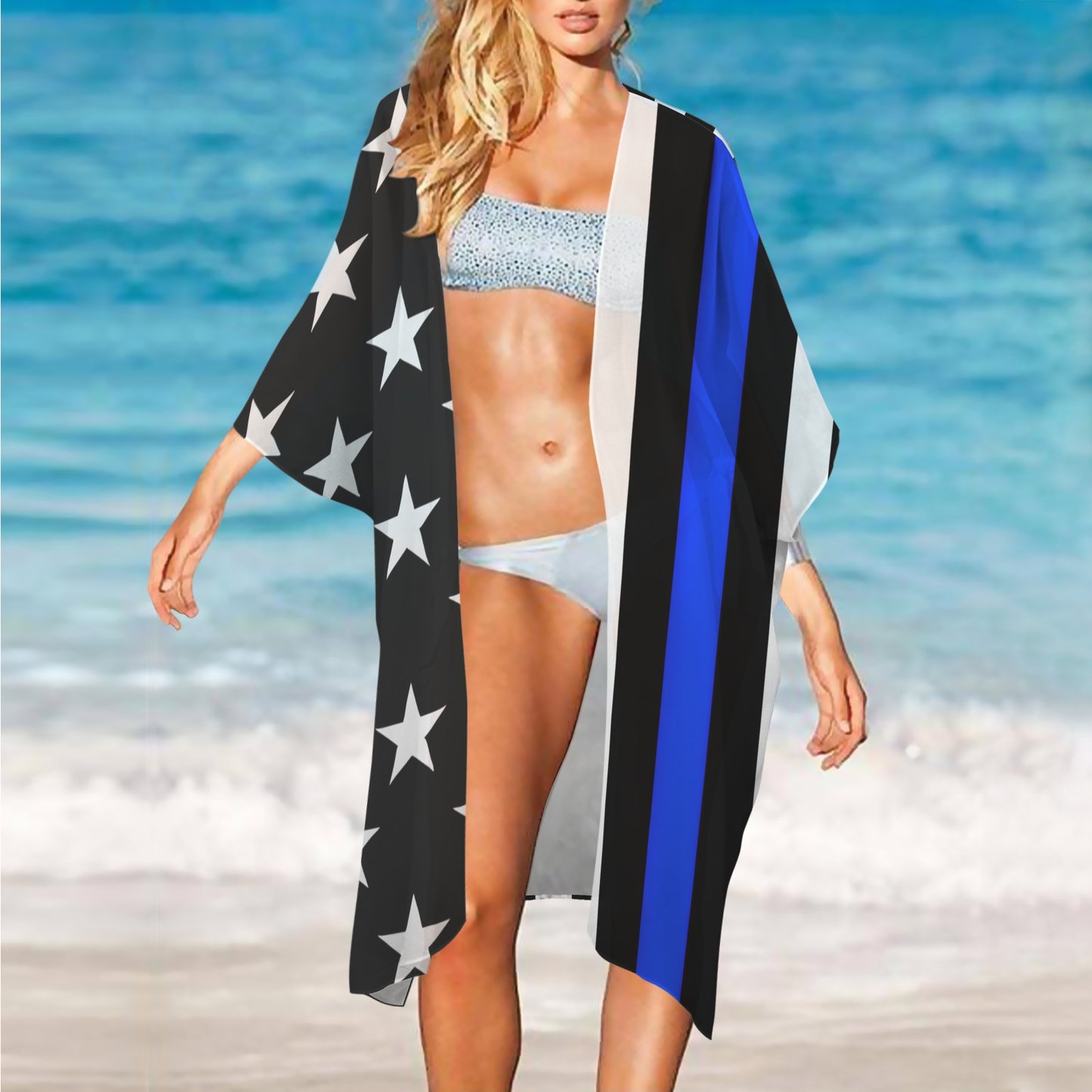 Thin Blue Line Flag Inspired Women's Long Cover Up