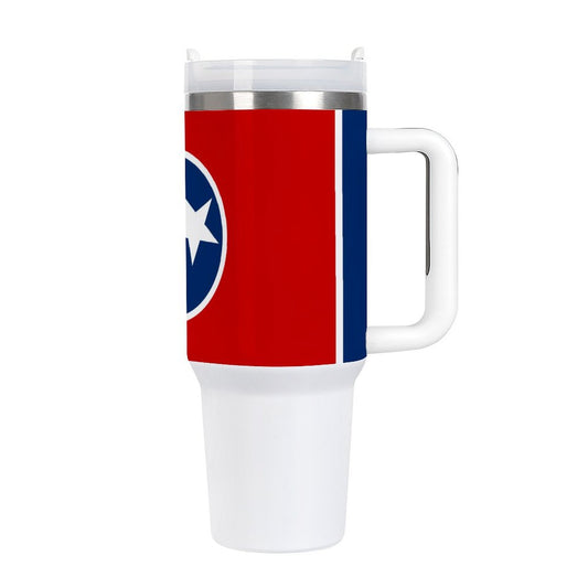 [Brand] travel mug featuring a red, white, blue design.