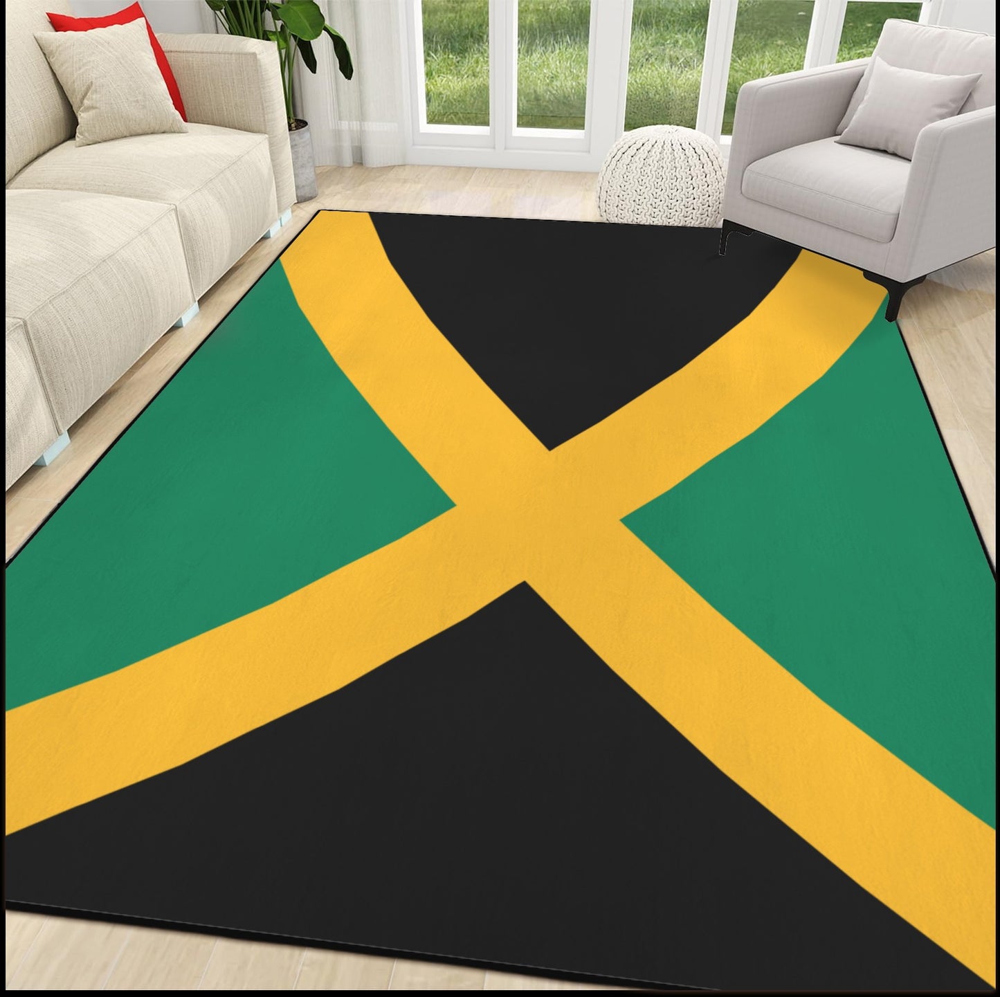 Jamaica Flag Inspired 84x60 Inch Area Rug with Black Binding (Made in the USA)
