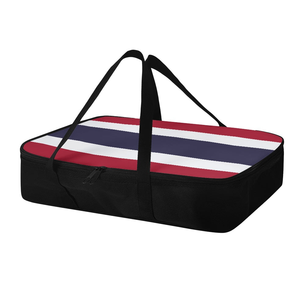[Brand] striped casserole carrier with black handles, zipper closure.