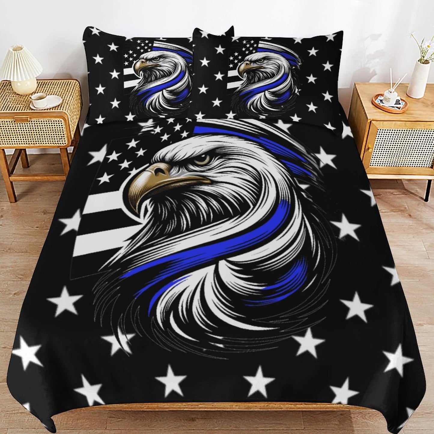 Thin Blue Line Flag Inspired Eagle 3-Piece Bedding Set (1 Duvet Cover + 2 Pillow Shams) – 102"×90"