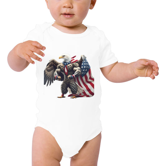 USA/American Flag Inspired Bald Eagle with American Flag Cape Baby Short Sleeve Unisex Bodysuits（Made in USA）