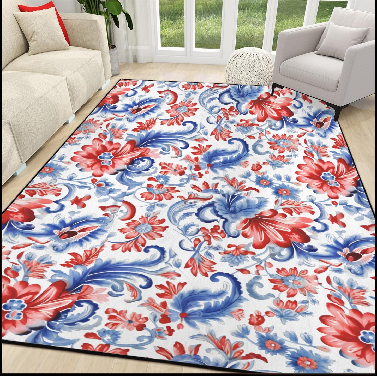 USA/American Flag Inspired Floral/Paisley Pattern 84x60 Inch Area Rug with Black Binding (Made in the USA)
