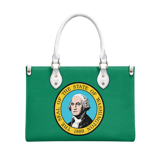 Green [Brand] handbag with Washington State seal and handles.