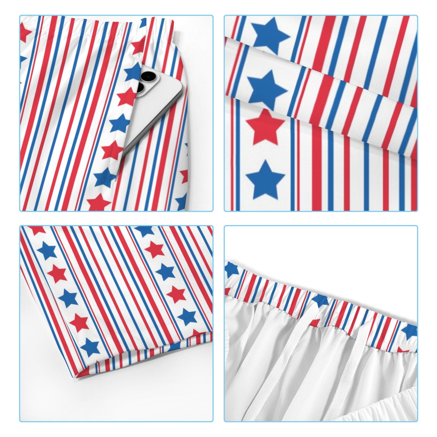 USA/American Flag Inspired Stars & Stripes Pattern Men’s Draw String Pocket Beach Shorts Printed in the USA