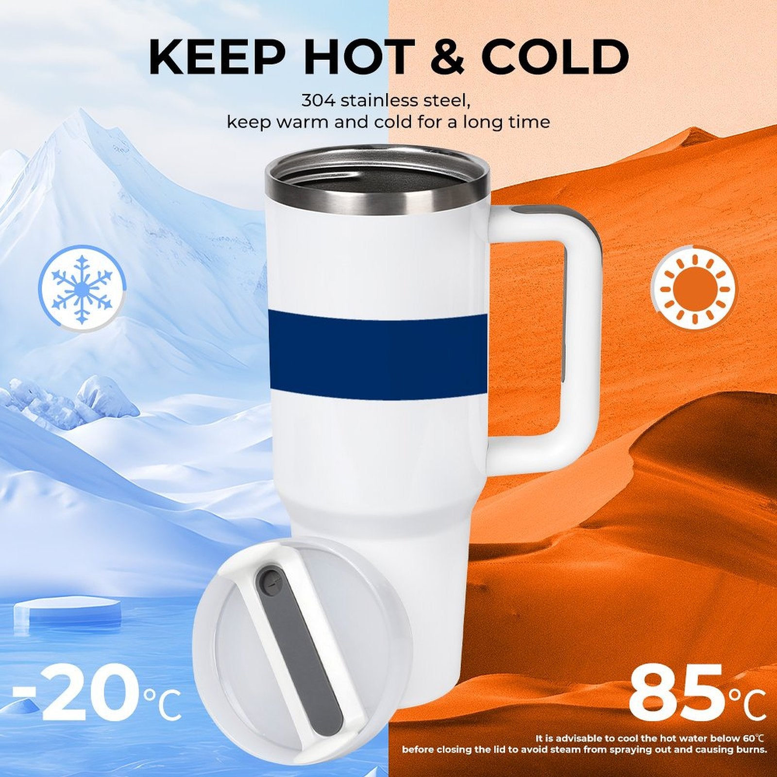 [Brand] insulated mug, white with blue stripe, temperature icons.