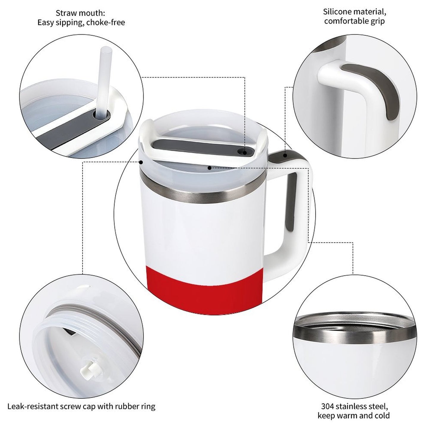 [Brand] red and white mug with straw and lid.