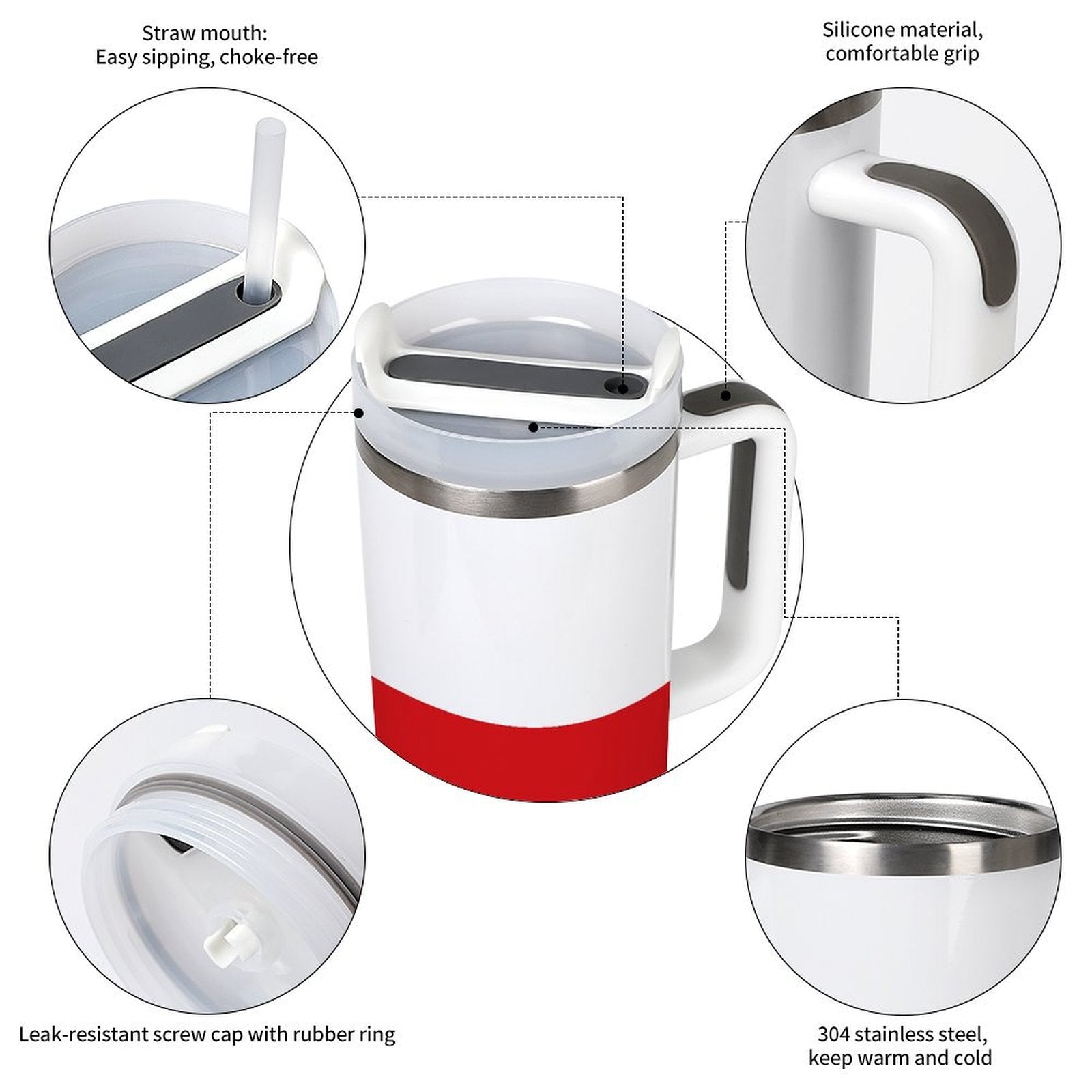 [Brand] red and white mug with straw and lid.