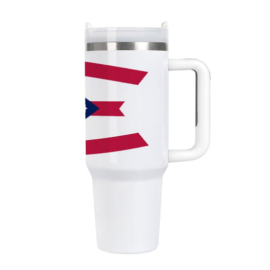 White travel mug with Puerto Rican flag design, [Brand].